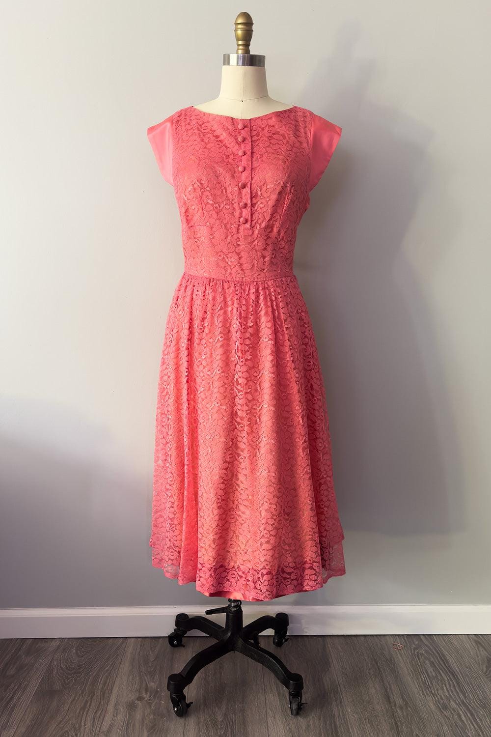 Watermelon Pink Lace Day Dress with Satin Cap Sleeves