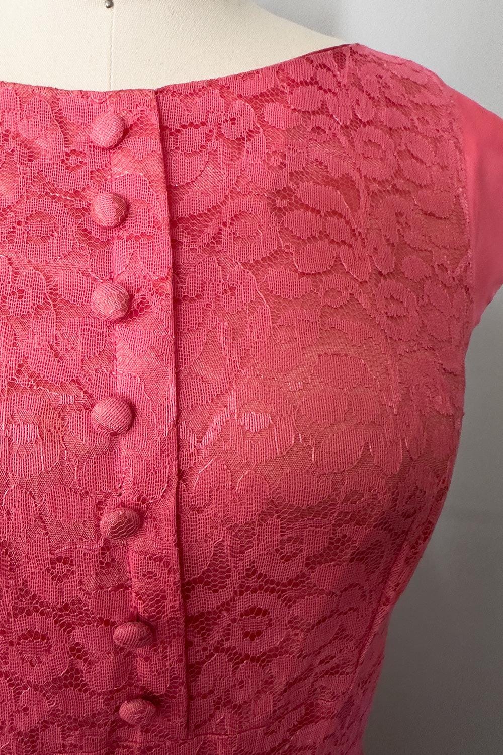 Watermelon Pink Lace Day Dress with Satin Cap Sleeves