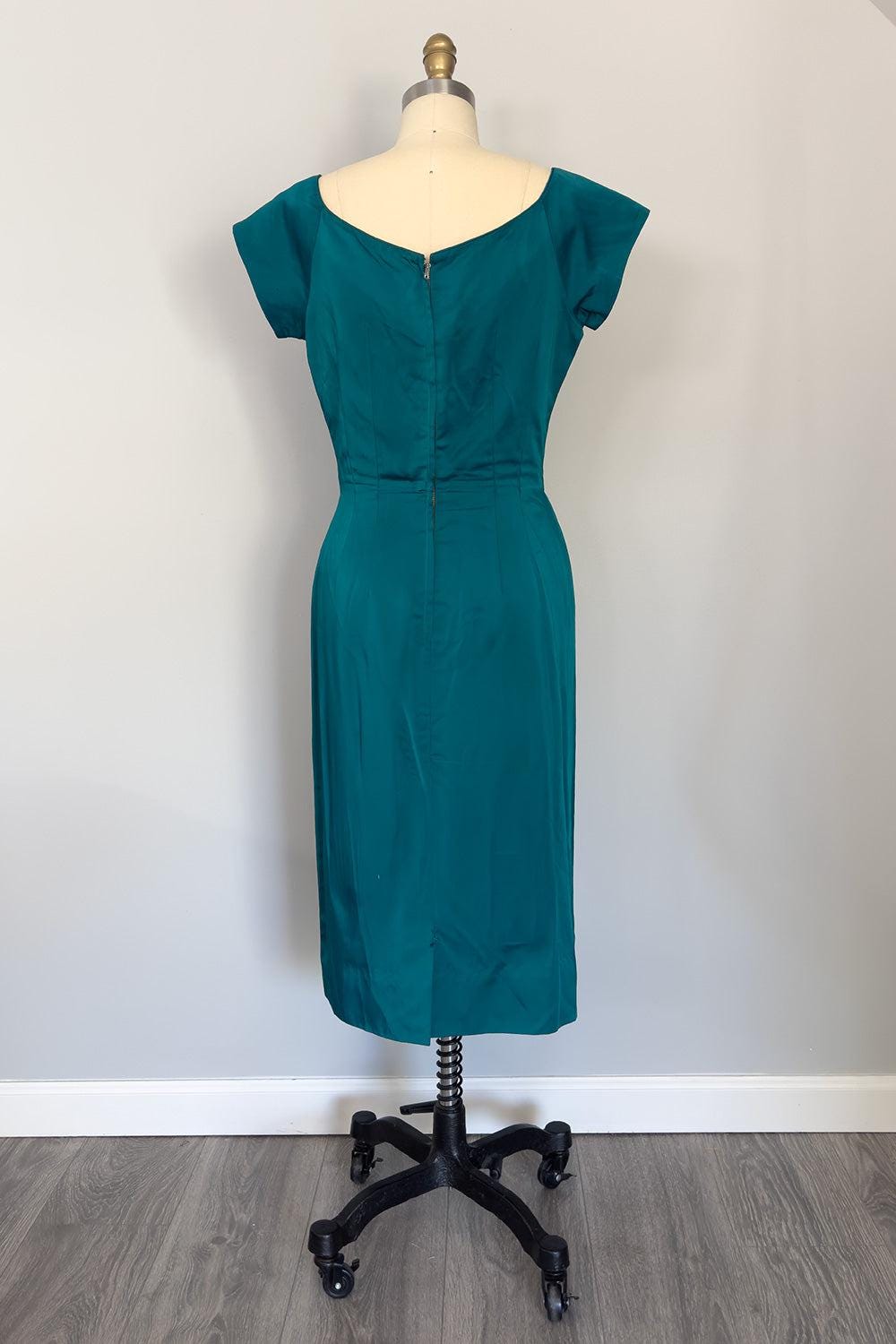 Vintage Teal Satin Wiggle Dress - Cap Sleeve, Scoop Neck