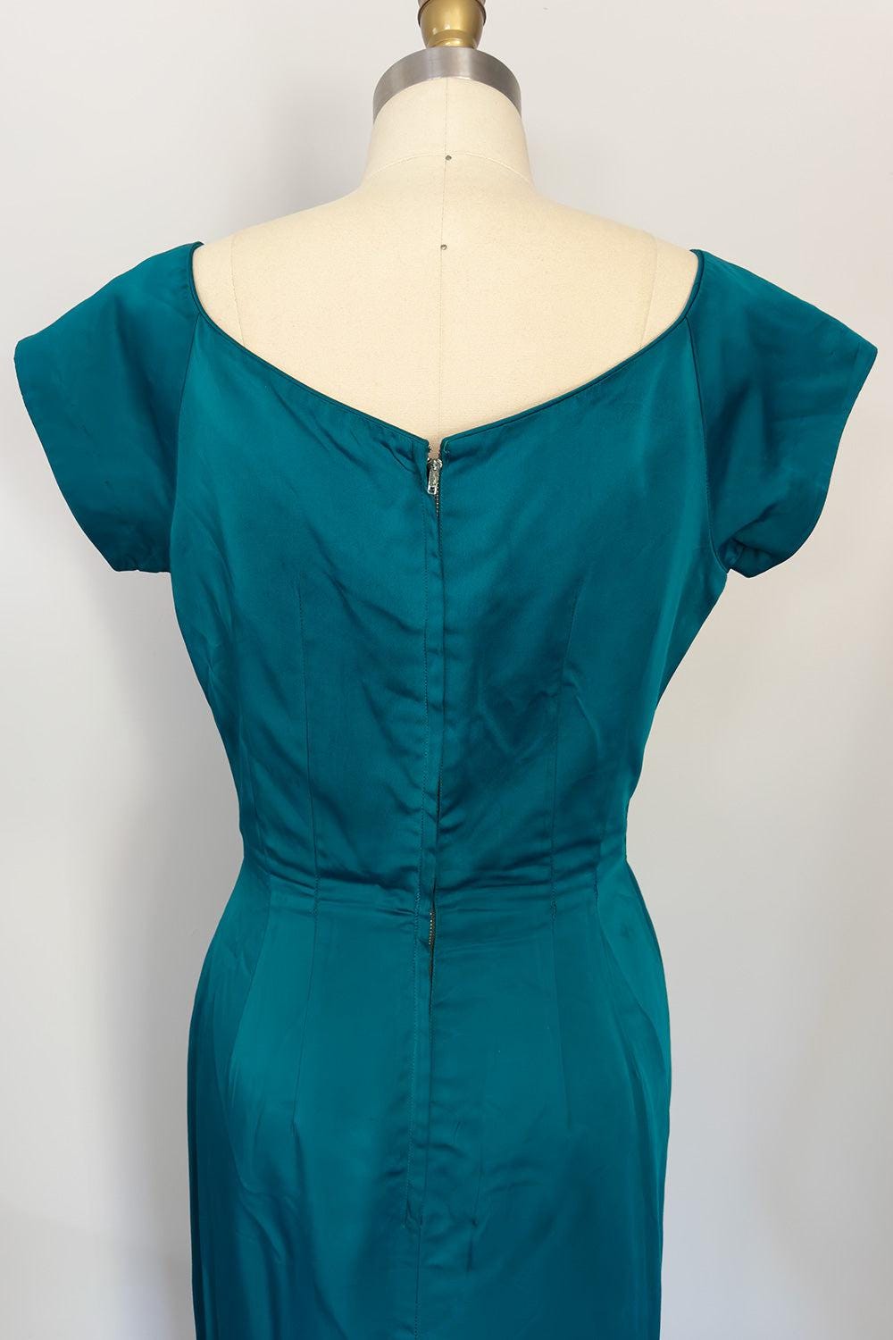 Vintage Teal Satin Wiggle Dress - Cap Sleeve, Scoop Neck