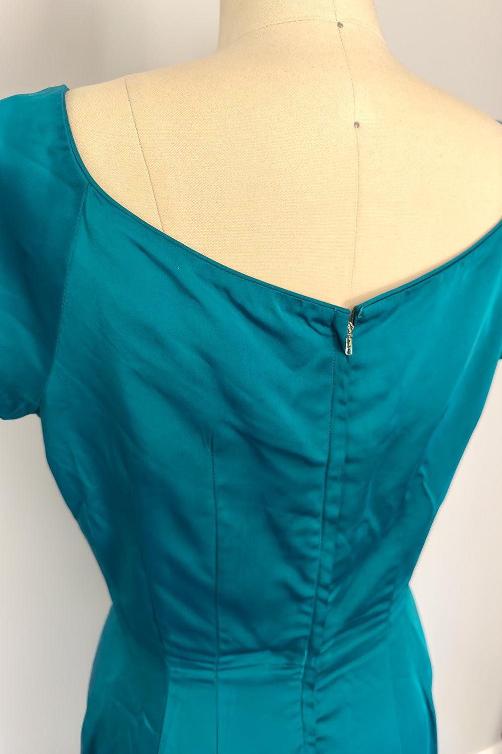 Vintage Teal Satin Wiggle Dress - Cap Sleeve, Scoop Neck