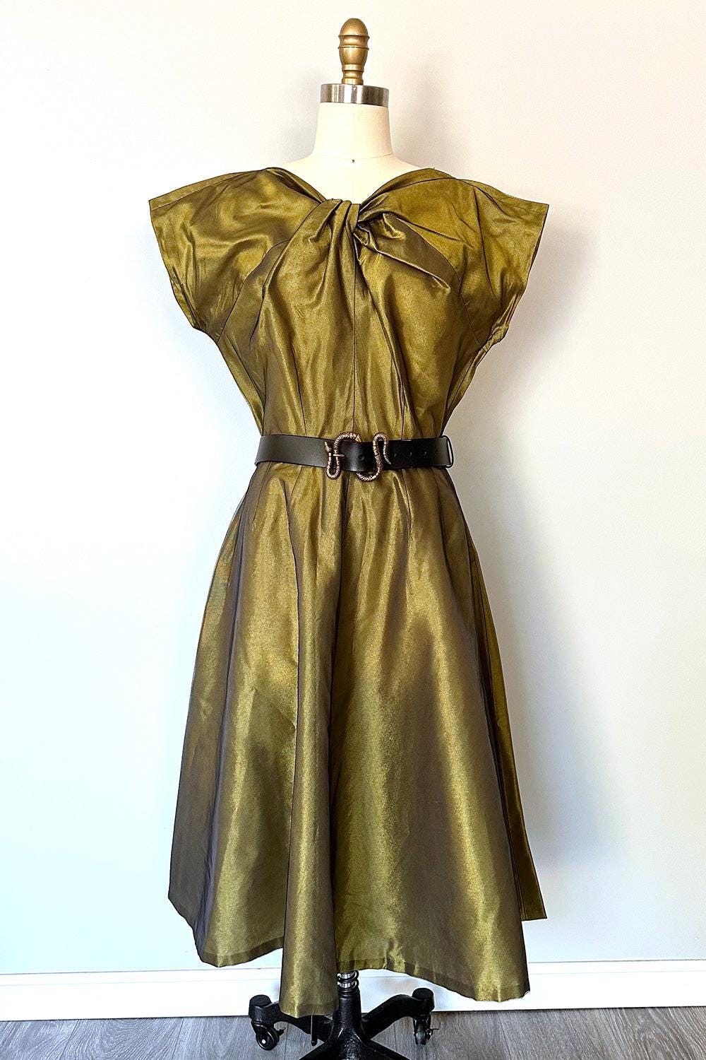 True Vintage Olive Green Cocktail Dress  Twist Bust, Metallic Fabric