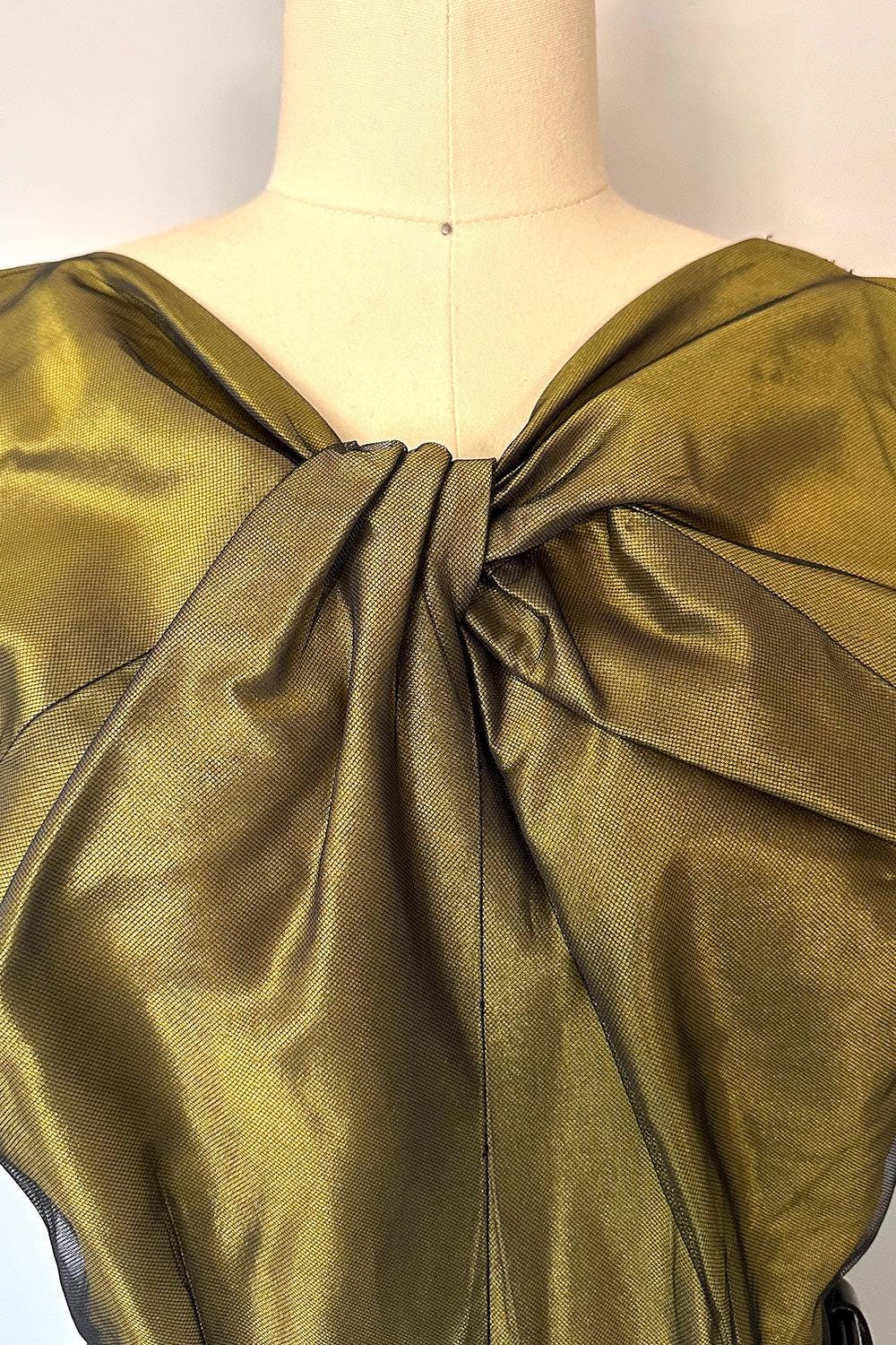 True Vintage Olive Green Cocktail Dress  Twist Bust, Metallic Fabric