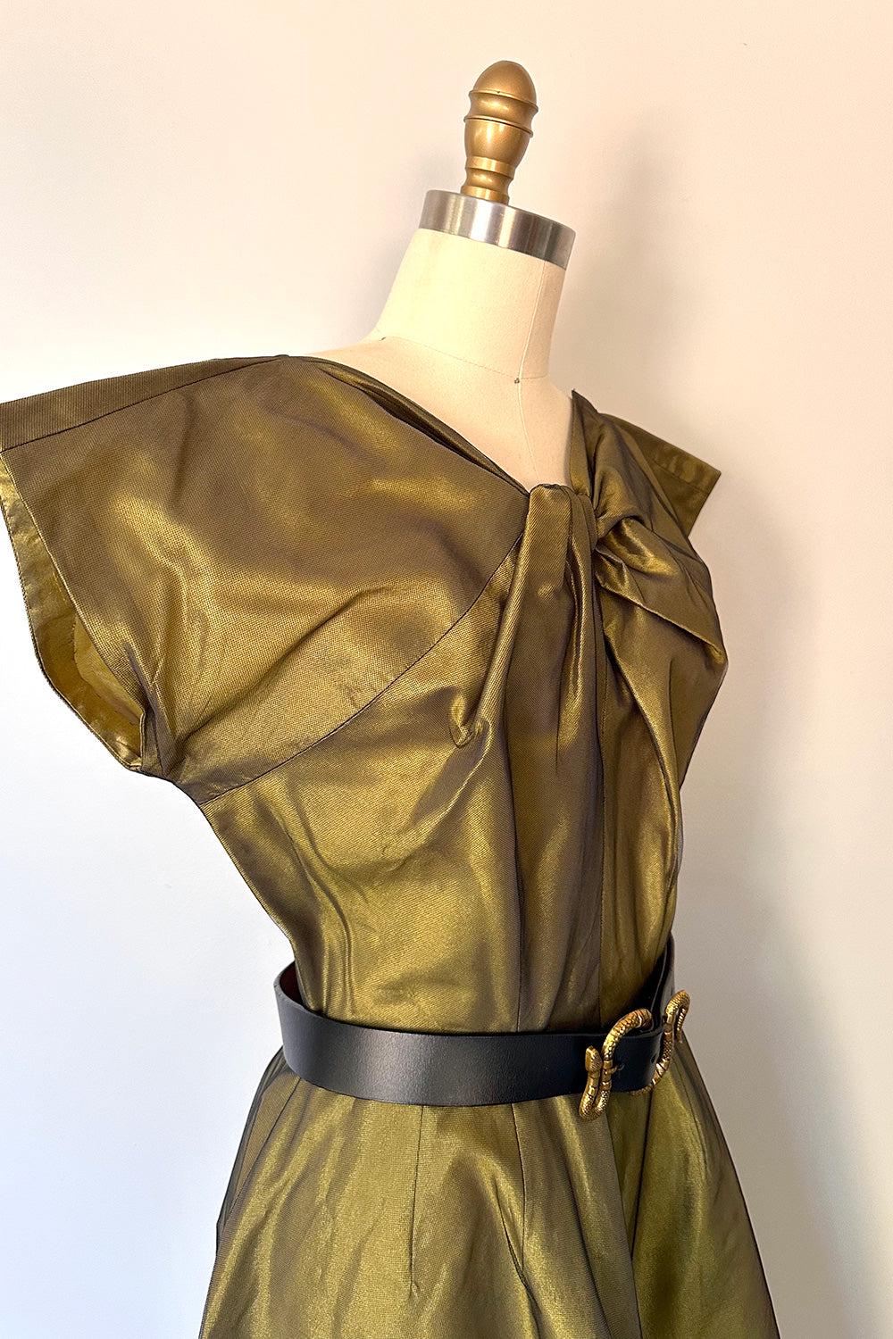 True Vintage Olive Green Cocktail Dress  Twist Bust, Metallic Fabric