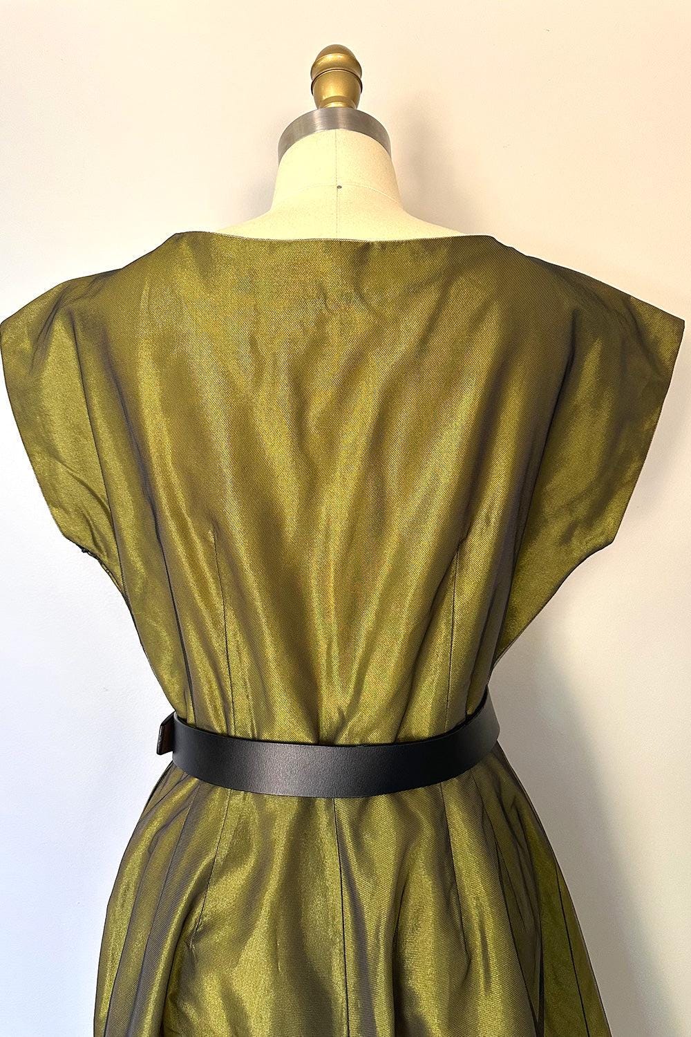 True Vintage Olive Green Cocktail Dress  Twist Bust, Metallic Fabric