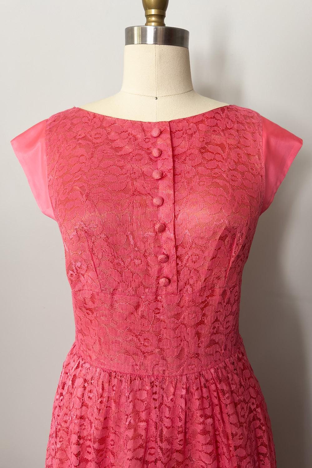 Watermelon Pink Lace Day Dress with Satin Cap Sleeves