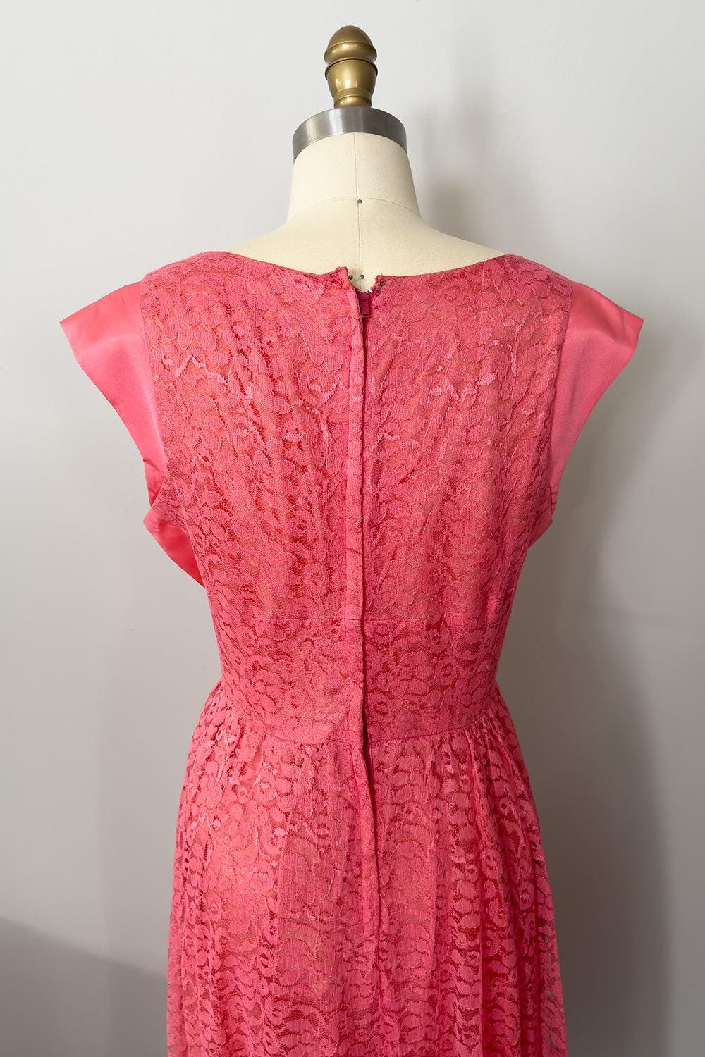 Watermelon Pink Lace Day Dress with Satin Cap Sleeves