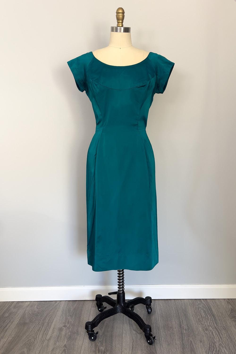 Vintage Teal Satin Wiggle Dress - Cap Sleeve, Scoop Neck