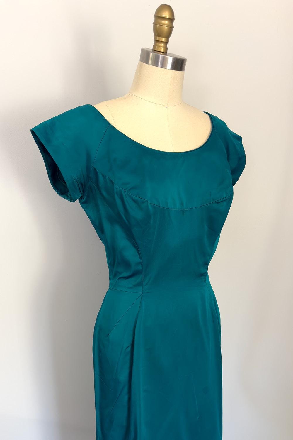 Vintage Teal Satin Wiggle Dress - Cap Sleeve, Scoop Neck