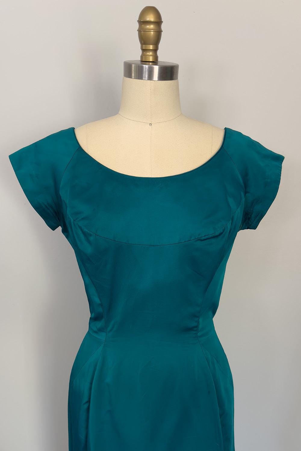 Vintage Teal Satin Wiggle Dress - Cap Sleeve, Scoop Neck