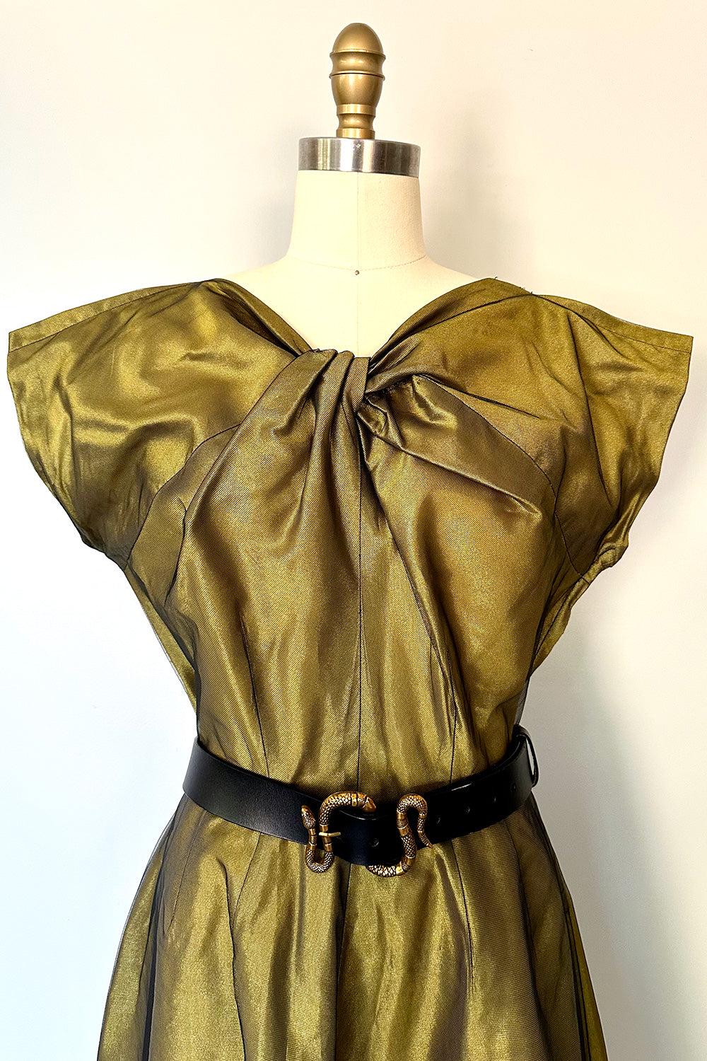 True Vintage Olive Green Cocktail Dress  Twist Bust, Metallic Fabric