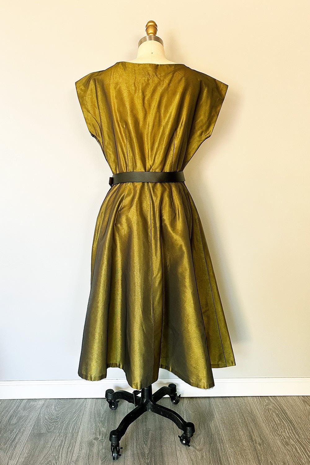 True Vintage Olive Green Cocktail Dress  Twist Bust, Metallic Fabric