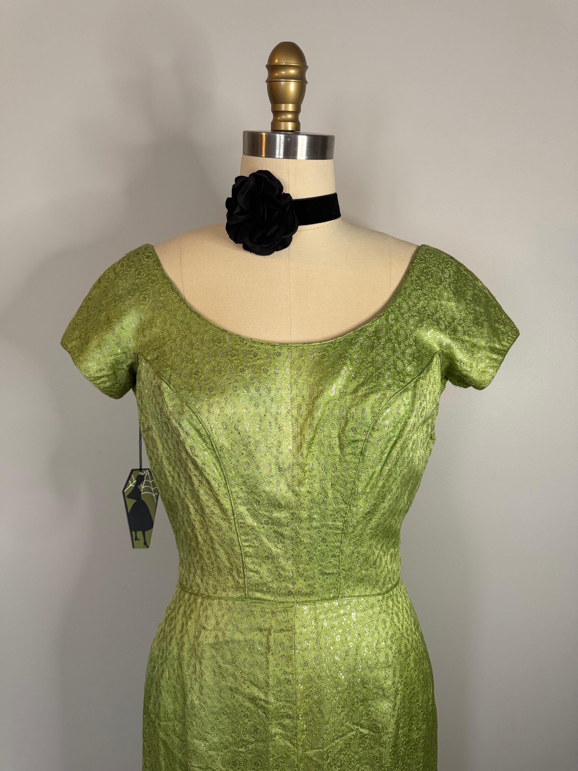 Vintage Green Paisley Metallic Wiggle Dress - Size Medium