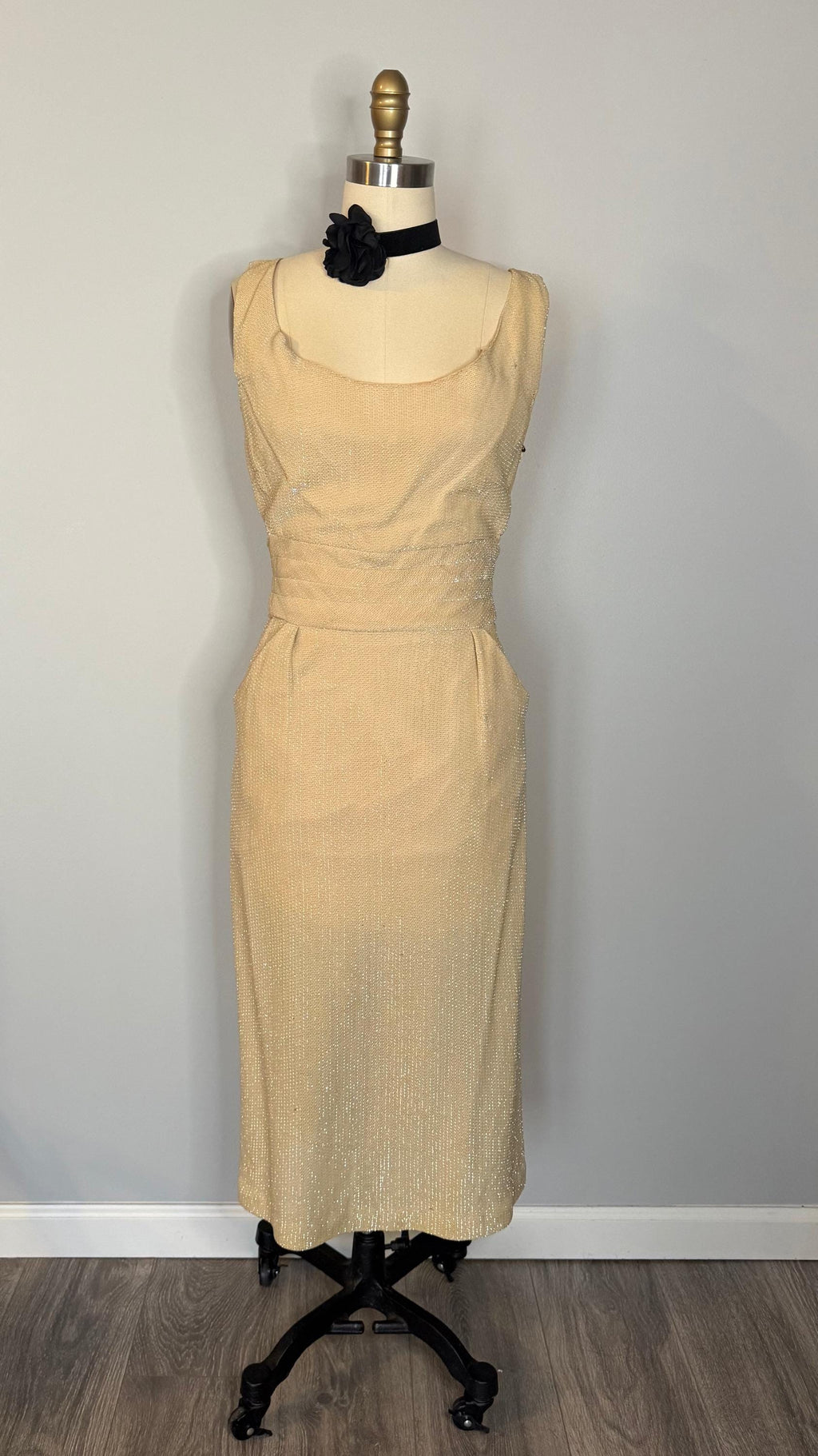 Vintage Las Vegas Champagne Lurex Wiggle Dress  Glittery, Adjustable Belt