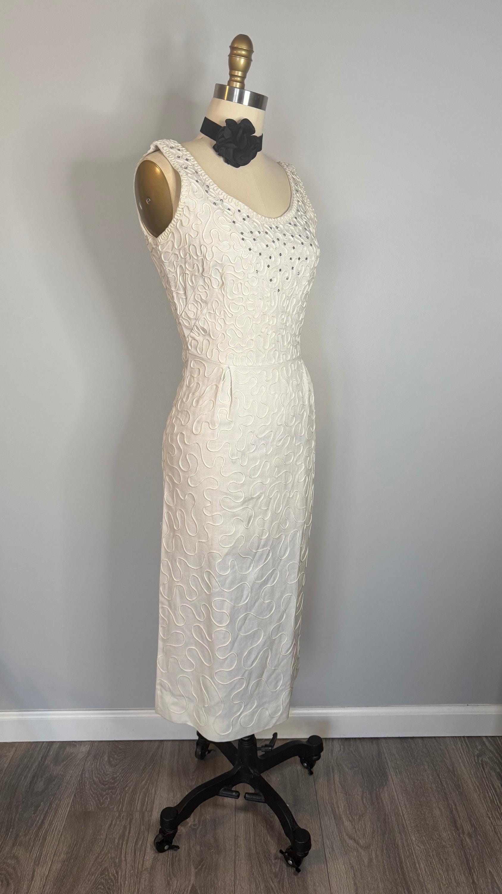 Vintage White Wiggle Dress with Rhinestones  Scoop Neck, Back Zipper