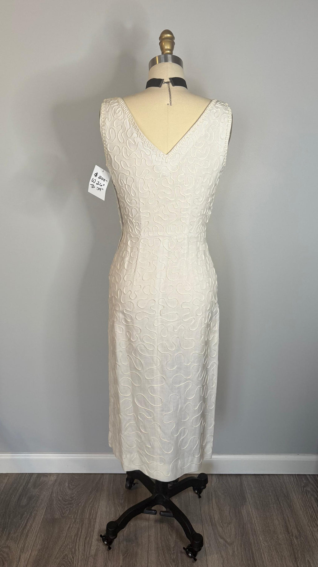 Vintage White Wiggle Dress with Rhinestones  Scoop Neck, Back Zipper