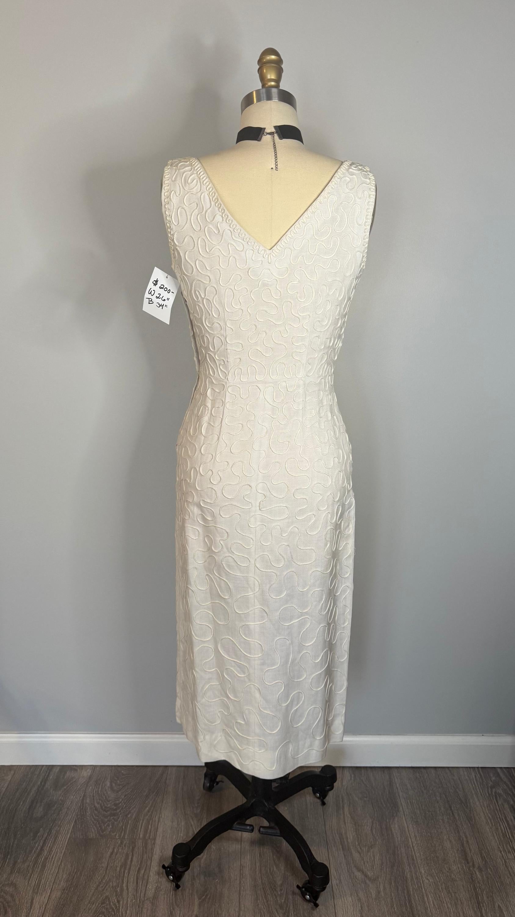 Vintage White Wiggle Dress with Rhinestones  Scoop Neck, Back Zipper