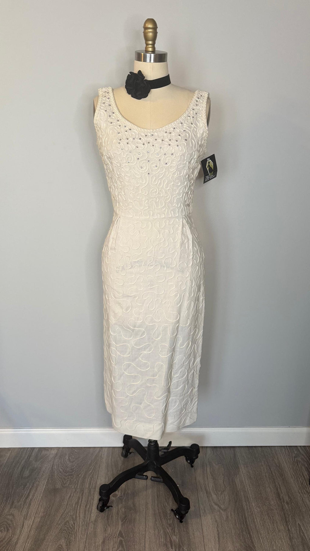 Vintage White Wiggle Dress with Rhinestones  Scoop Neck, Back Zipper