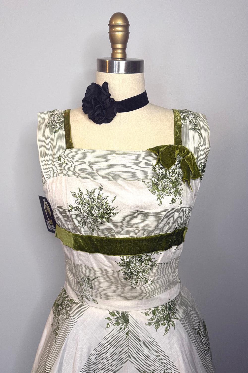 Green Floral Cotton Circle Skirt Dress  Velvet Trim, Bow