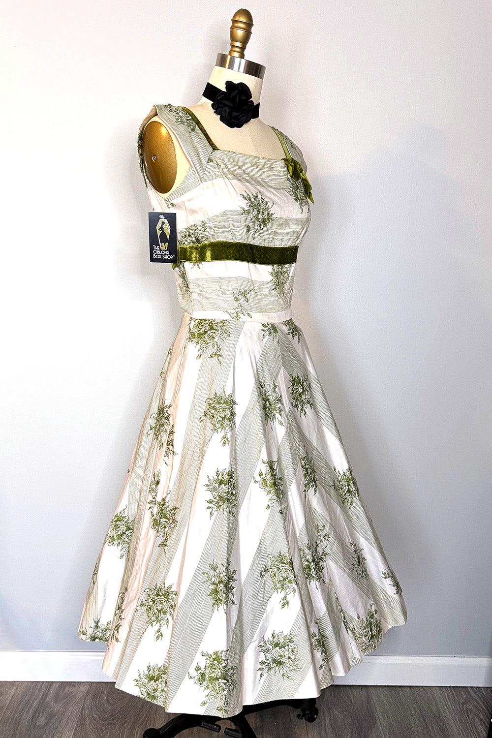 Green Floral Cotton Circle Skirt Dress  Velvet Trim, Bow