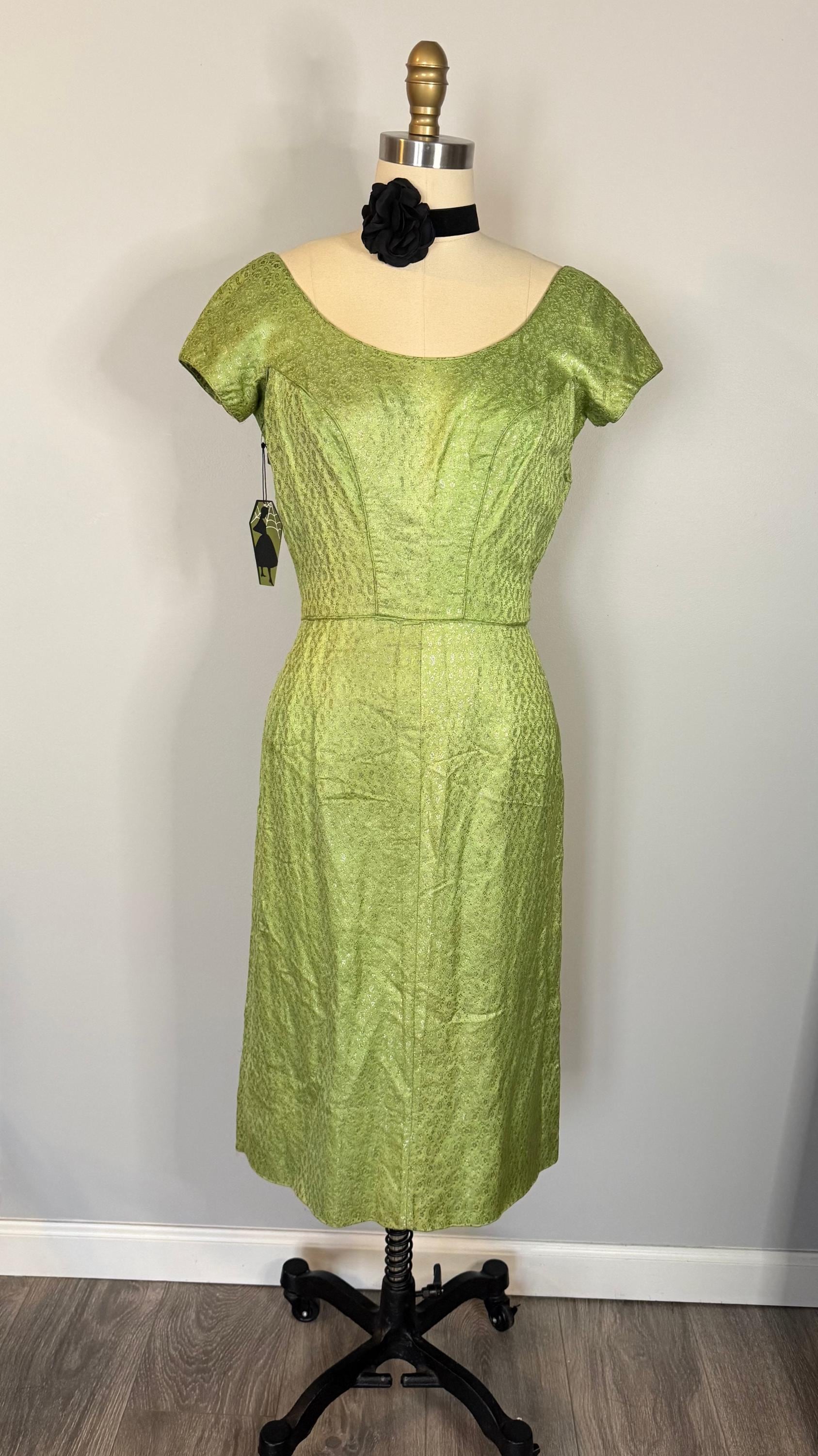 Vintage Green Paisley Metallic Wiggle Dress - Size Medium