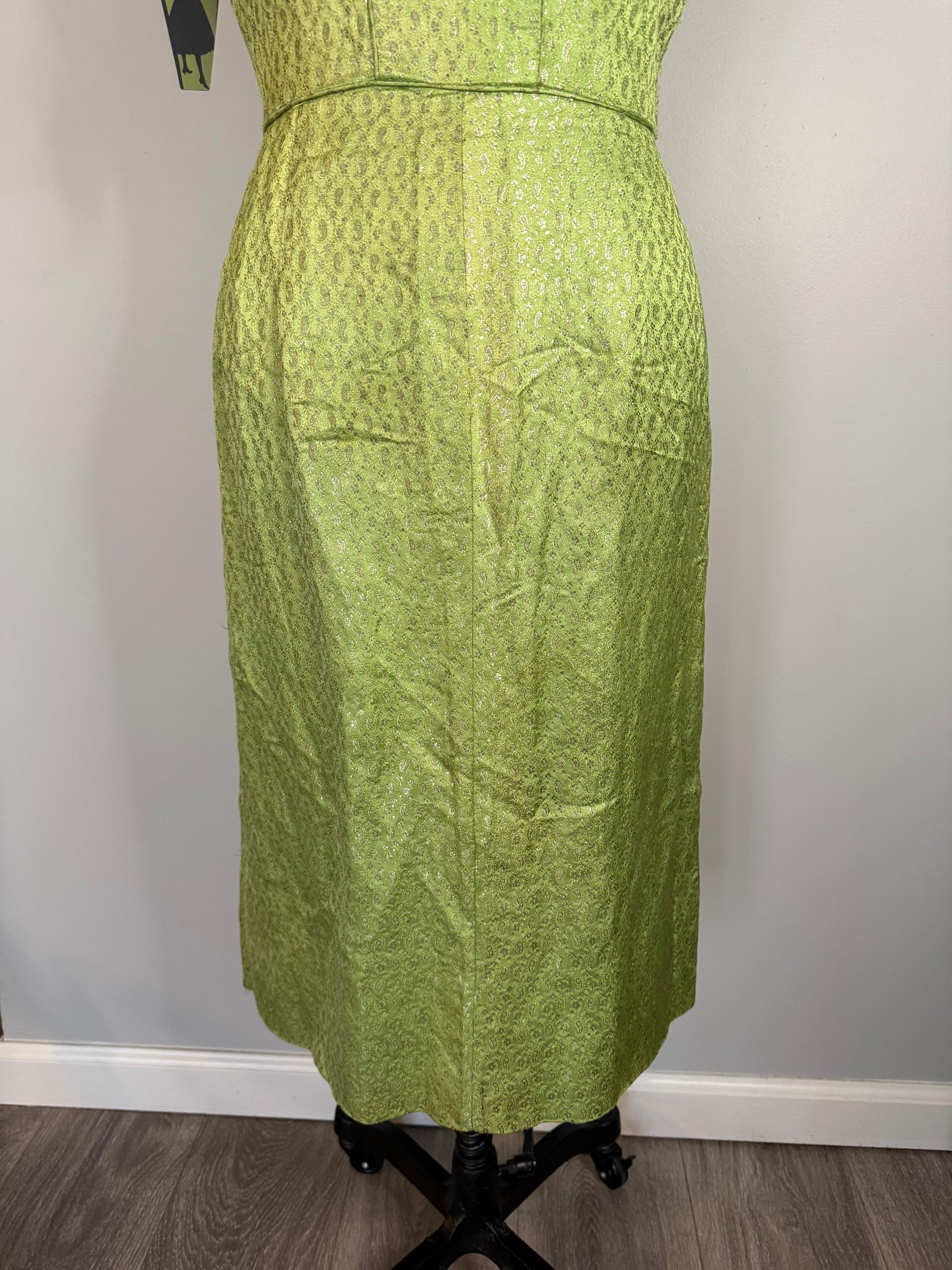 Vintage Green Paisley Metallic Wiggle Dress - Size Medium