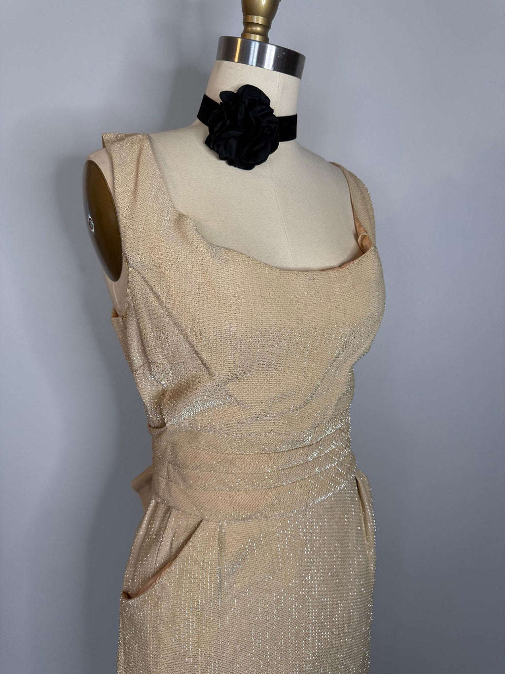 Vintage Las Vegas Champagne Lurex Wiggle Dress  Glittery, Adjustable Belt