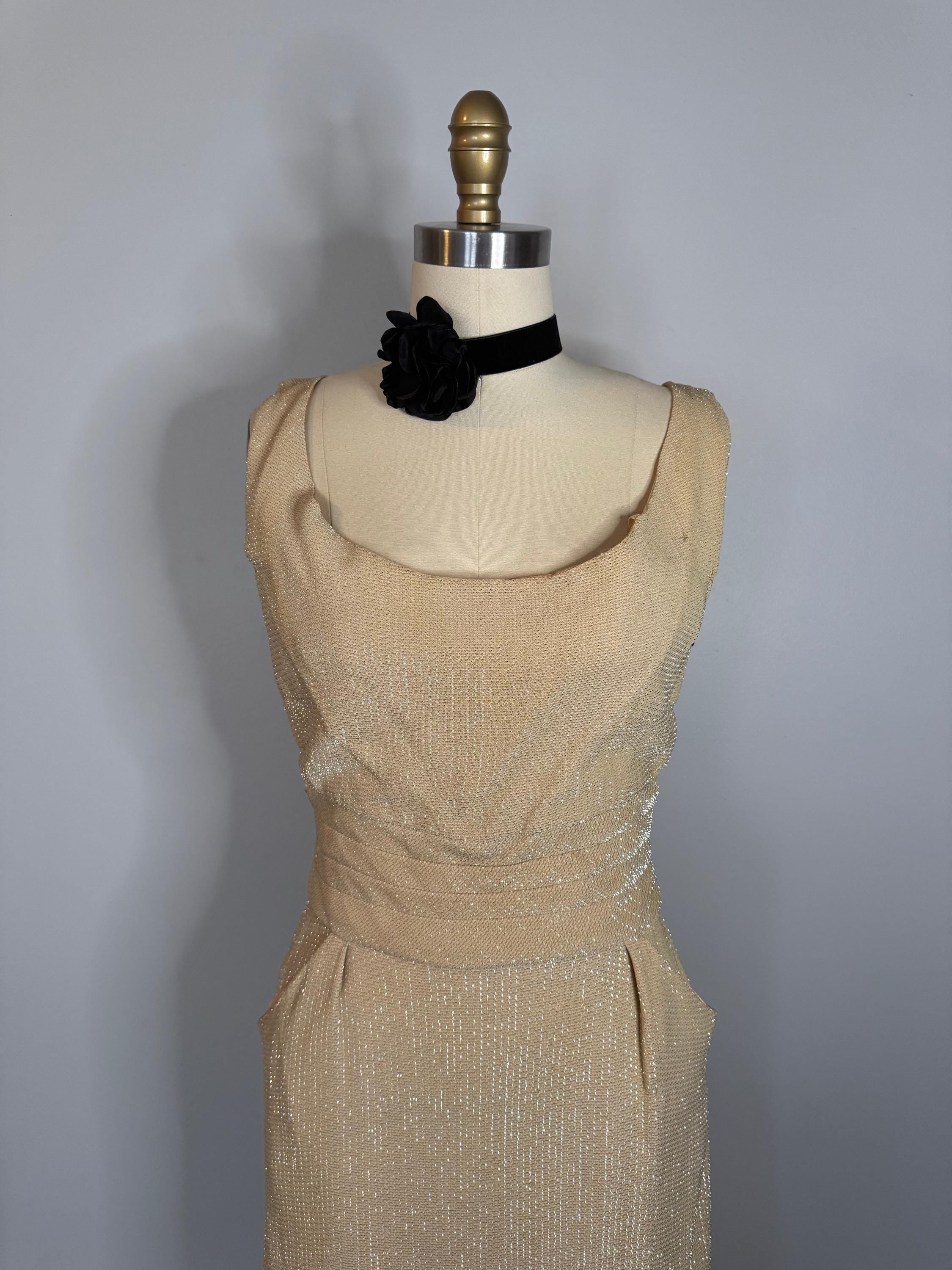 Vintage Las Vegas Champagne Lurex Wiggle Dress  Glittery, Adjustable Belt