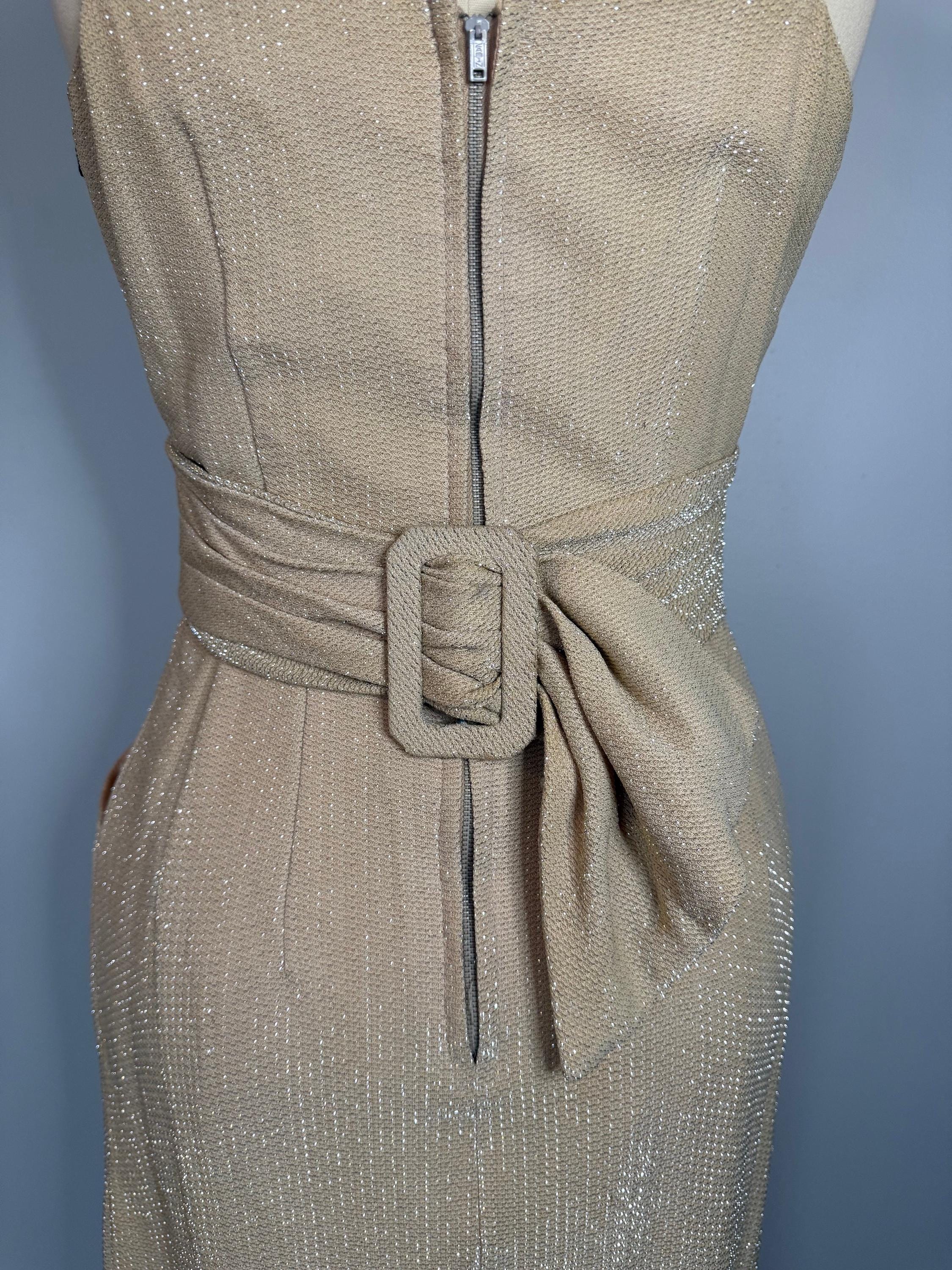 Vintage Las Vegas Champagne Lurex Wiggle Dress  Glittery, Adjustable Belt
