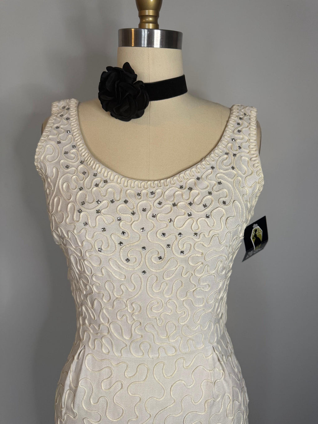 Vintage White Wiggle Dress with Rhinestones  Scoop Neck, Back Zipper