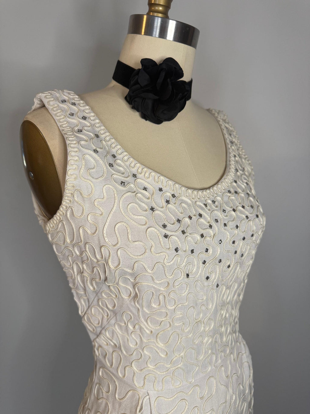 Vintage White Wiggle Dress with Rhinestones  Scoop Neck, Back Zipper
