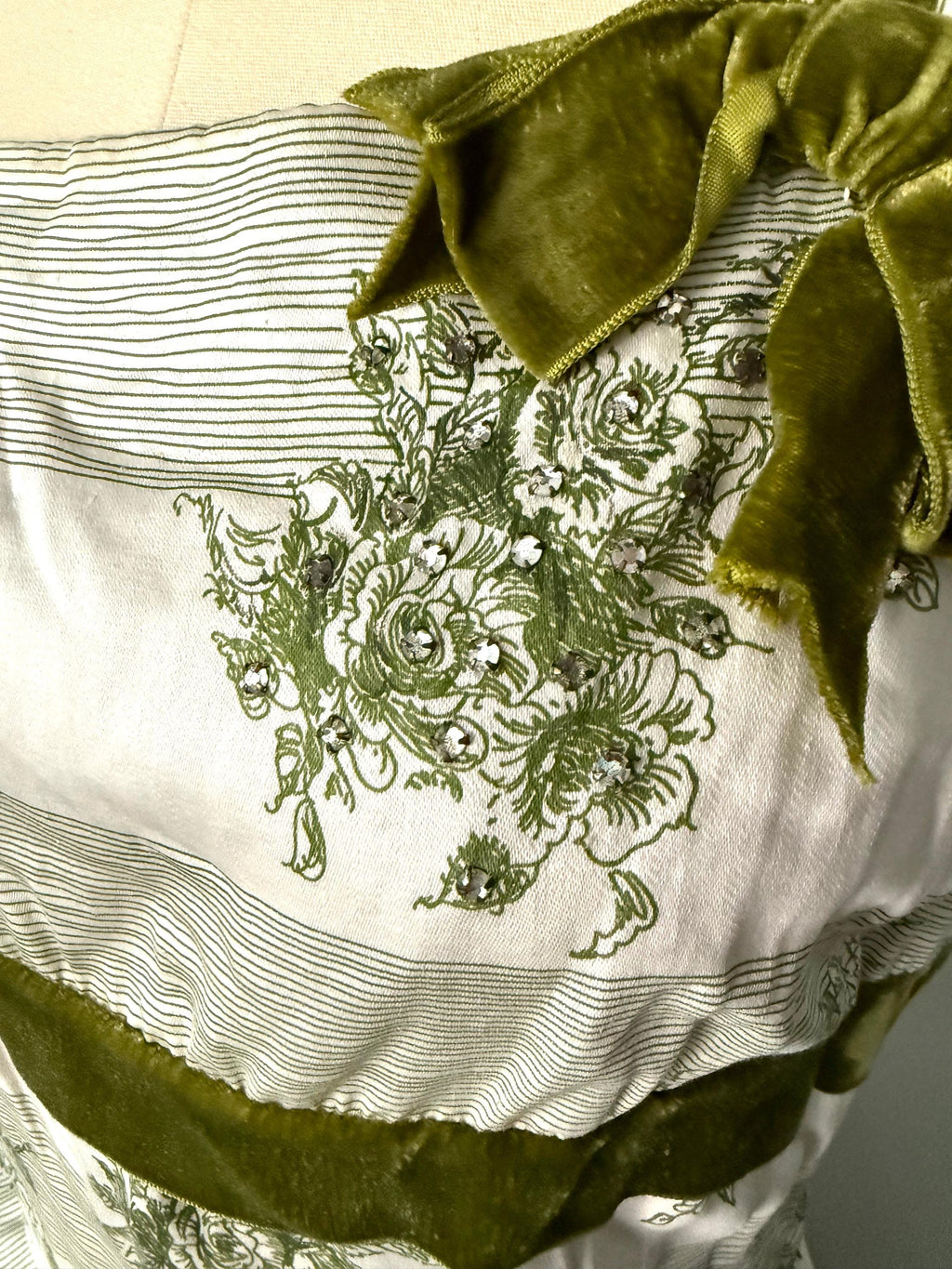 Green Floral Cotton Circle Skirt Dress  Velvet Trim, Bow