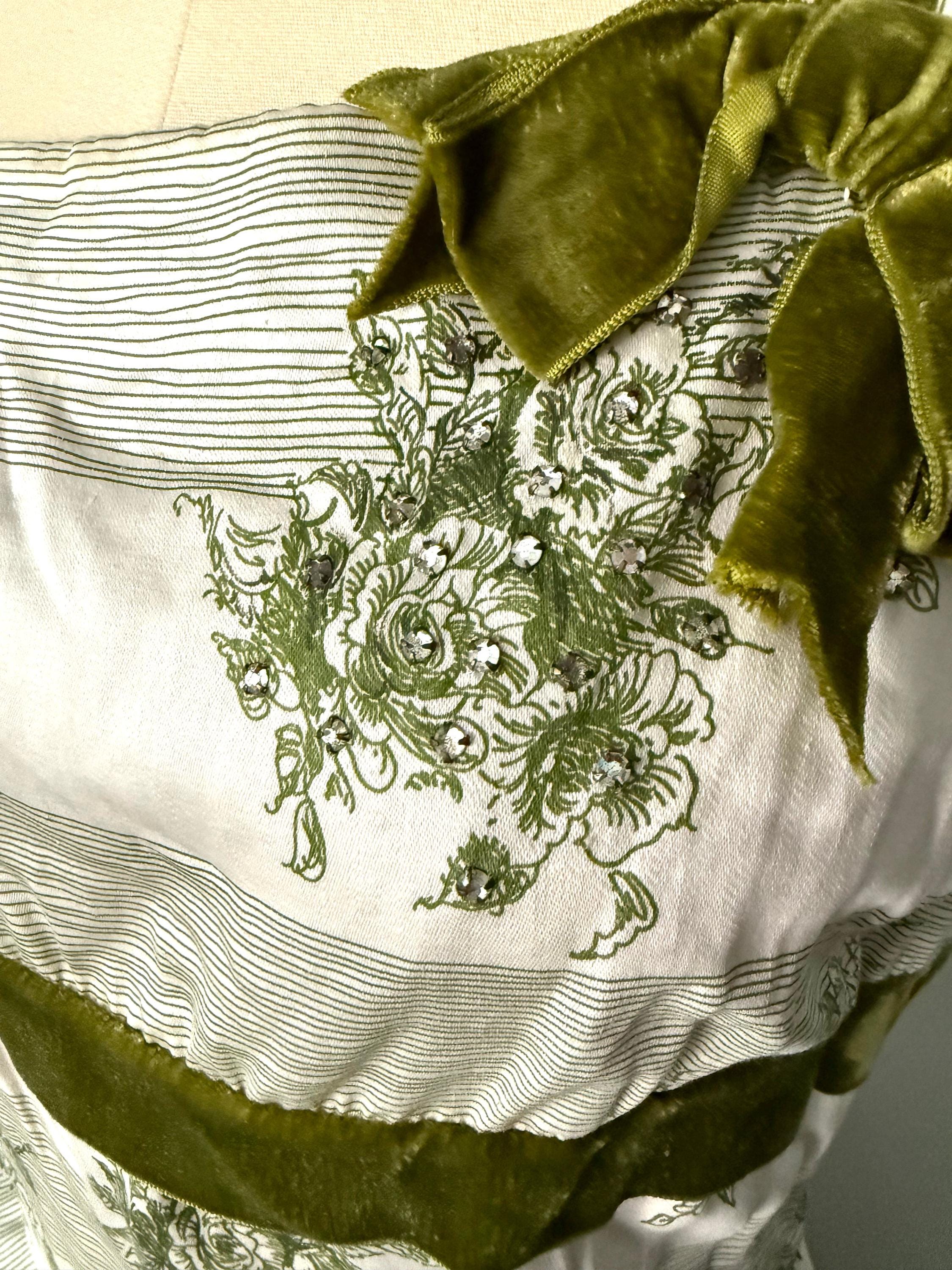 Green Floral Cotton Circle Skirt Dress  Velvet Trim, Bow