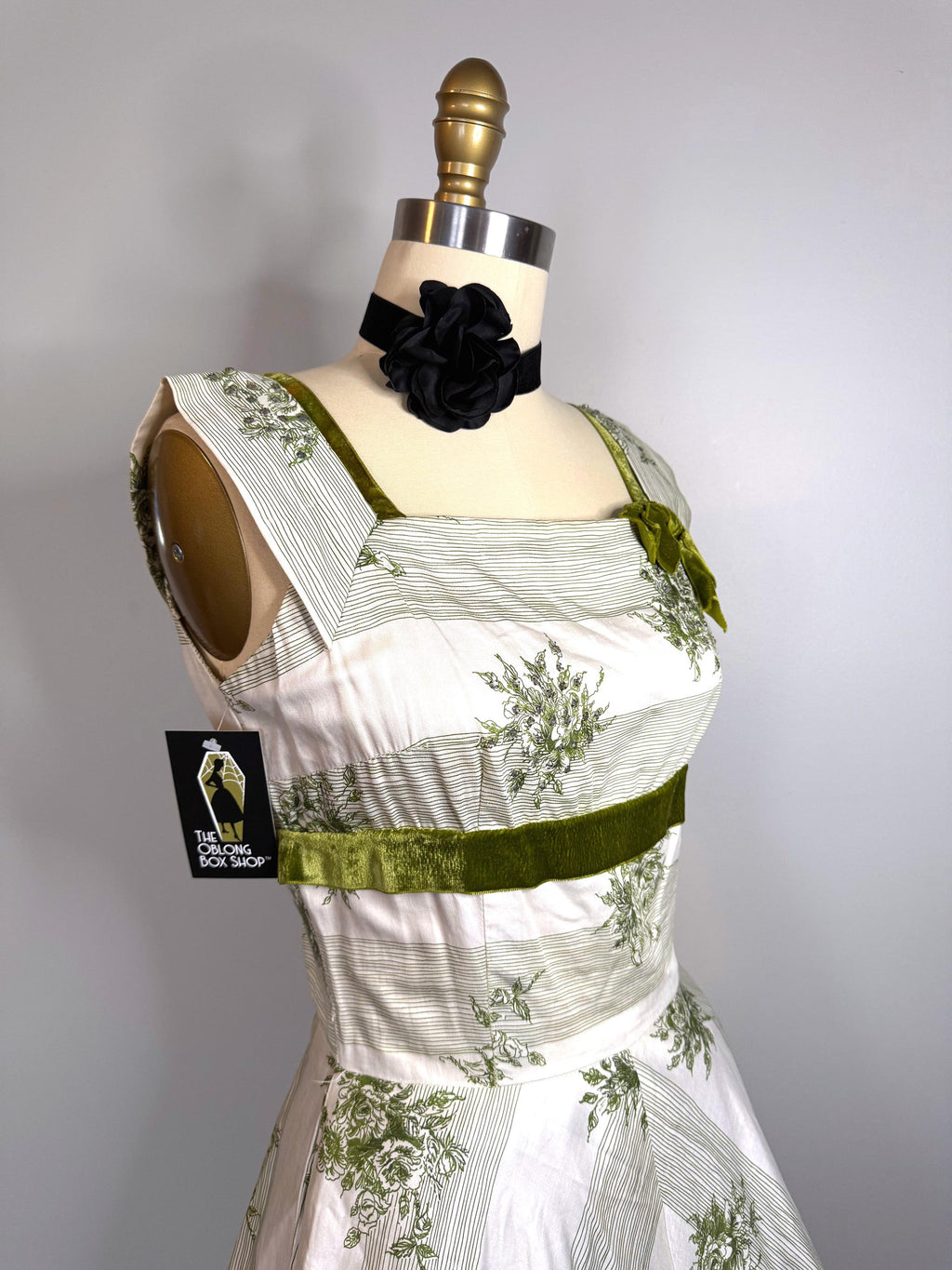 Green Floral Cotton Circle Skirt Dress  Velvet Trim, Bow