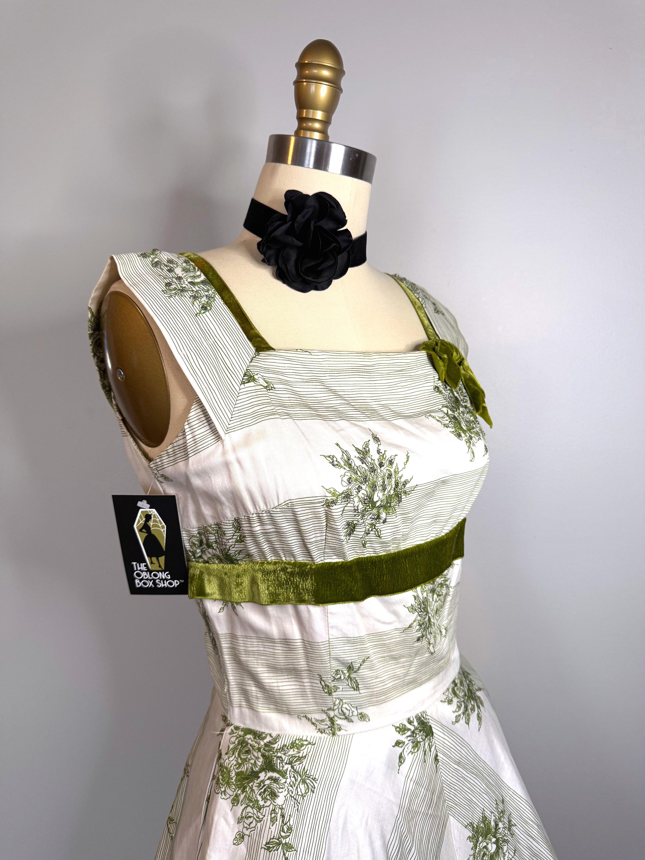 Green Floral Cotton Circle Skirt Dress  Velvet Trim, Bow