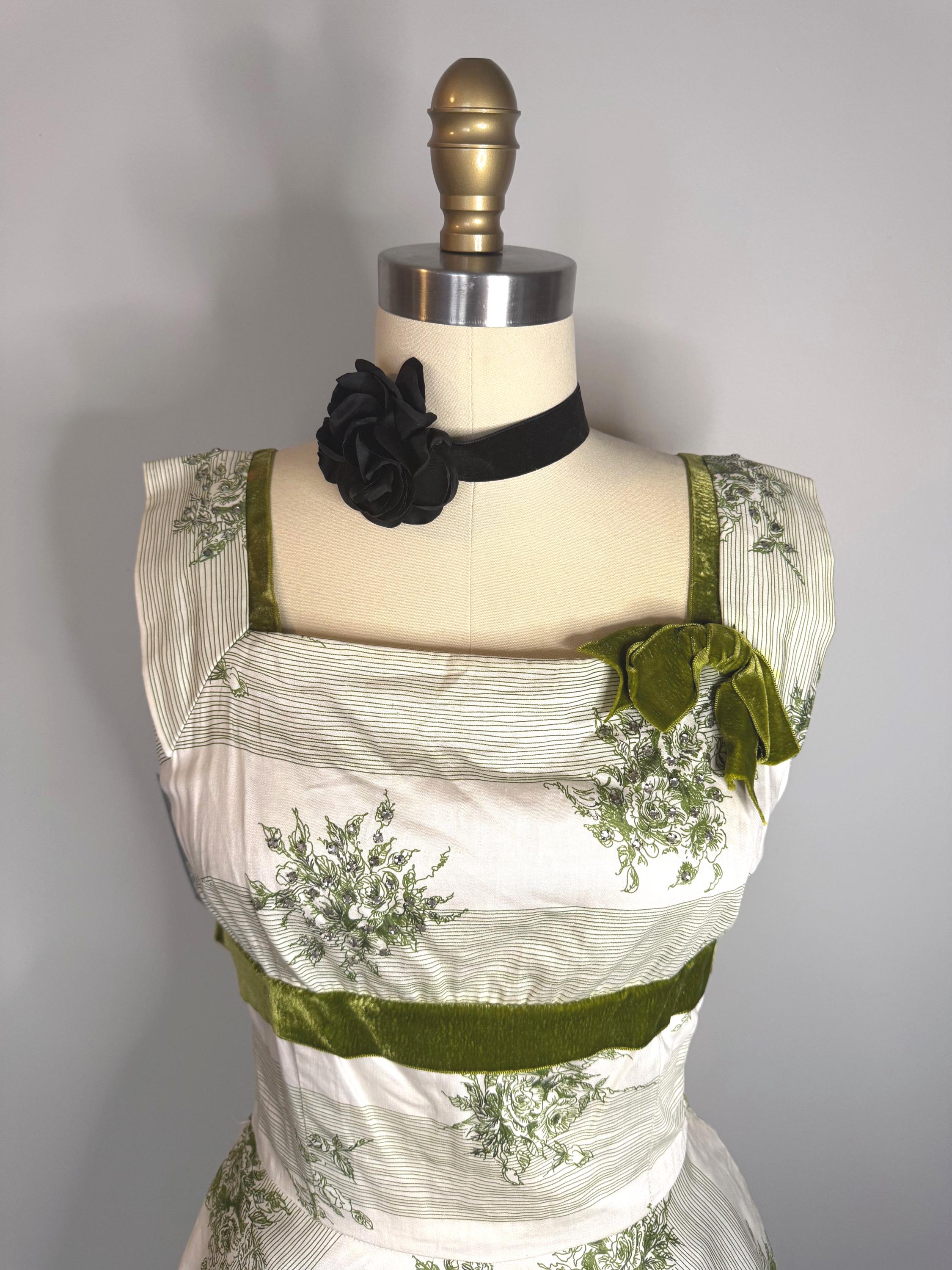 Green Floral Cotton Circle Skirt Dress  Velvet Trim, Bow