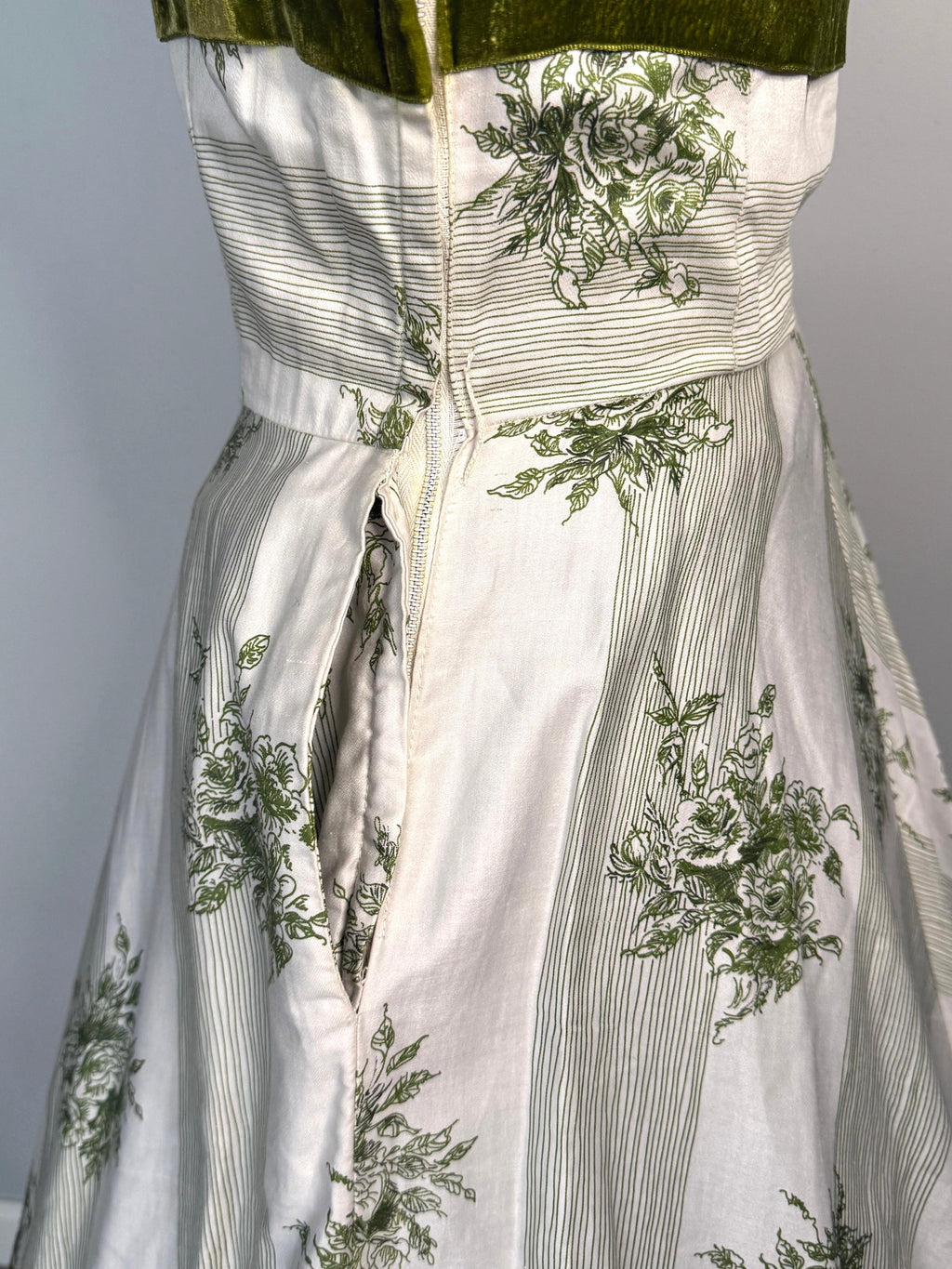 Green Floral Cotton Circle Skirt Dress  Velvet Trim, Bow