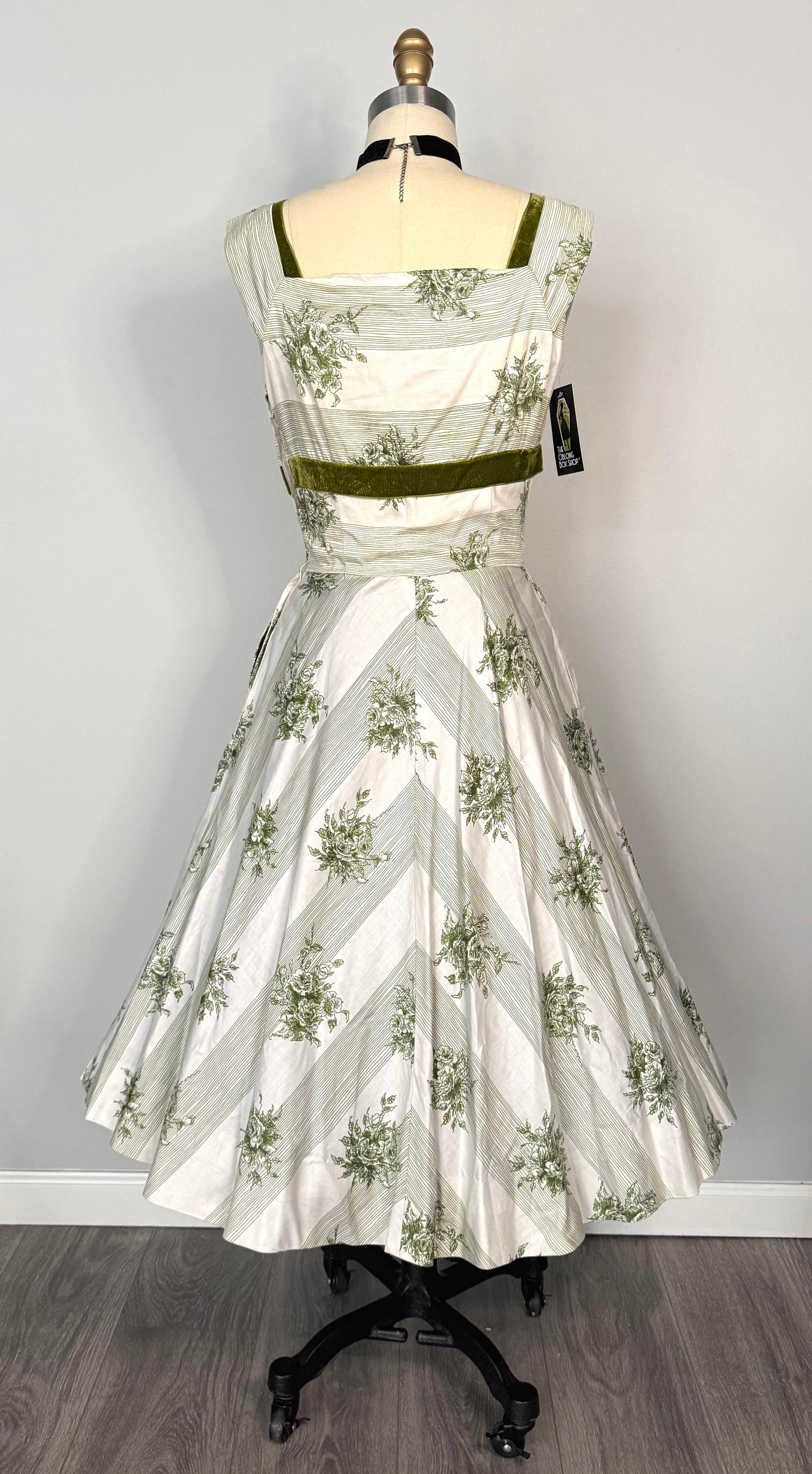 Green Floral Cotton Circle Skirt Dress  Velvet Trim, Bow