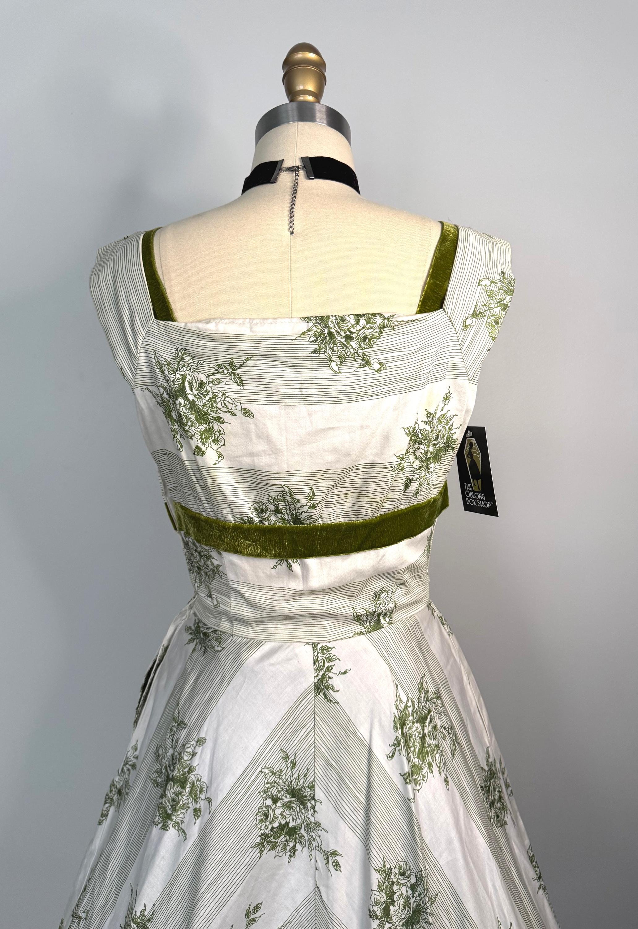 Green Floral Cotton Circle Skirt Dress  Velvet Trim, Bow