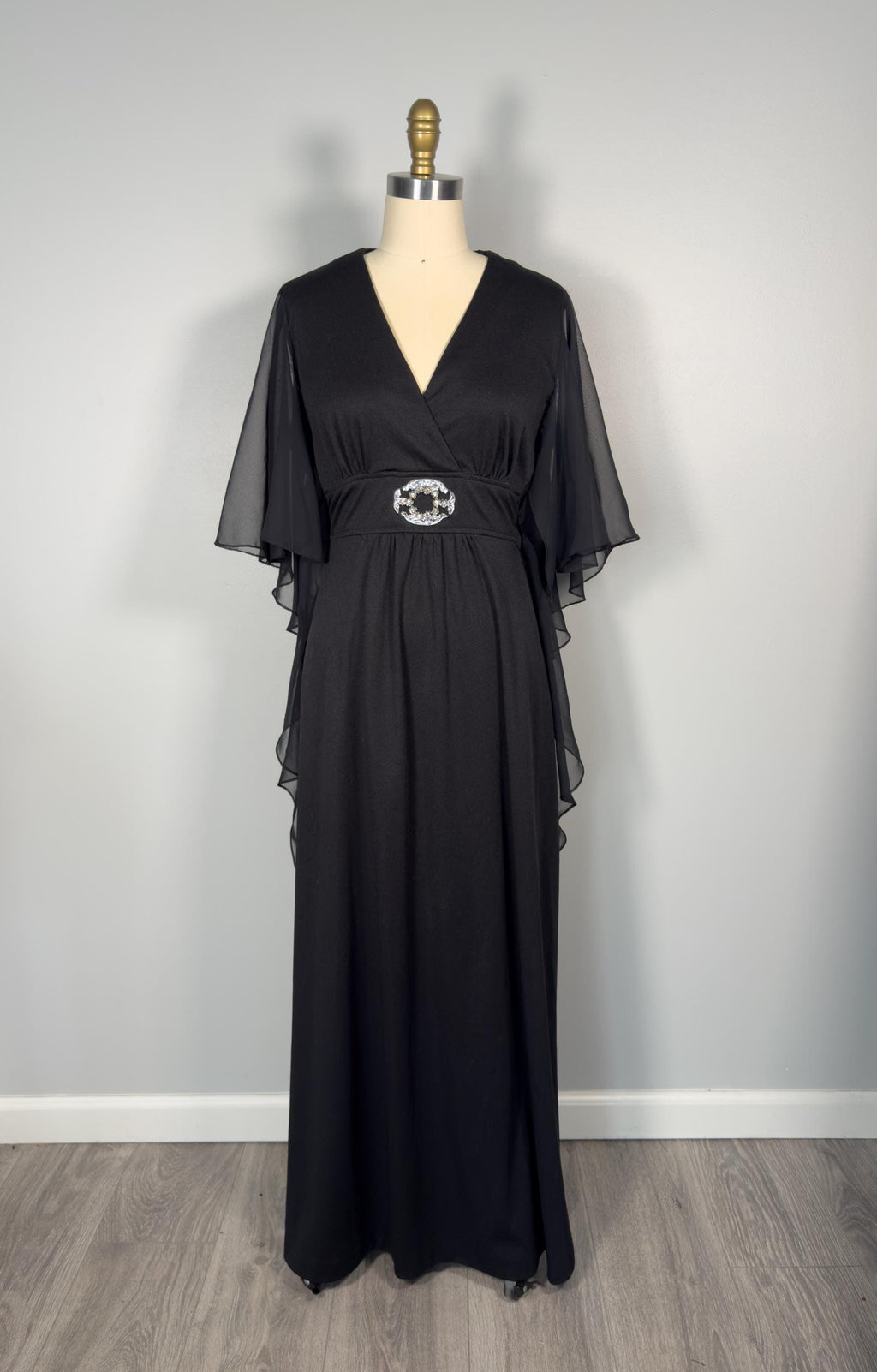 Vintage 70's Black Butterfly Sleeve Caftan Maxi Dress Rhinestone Buckle
