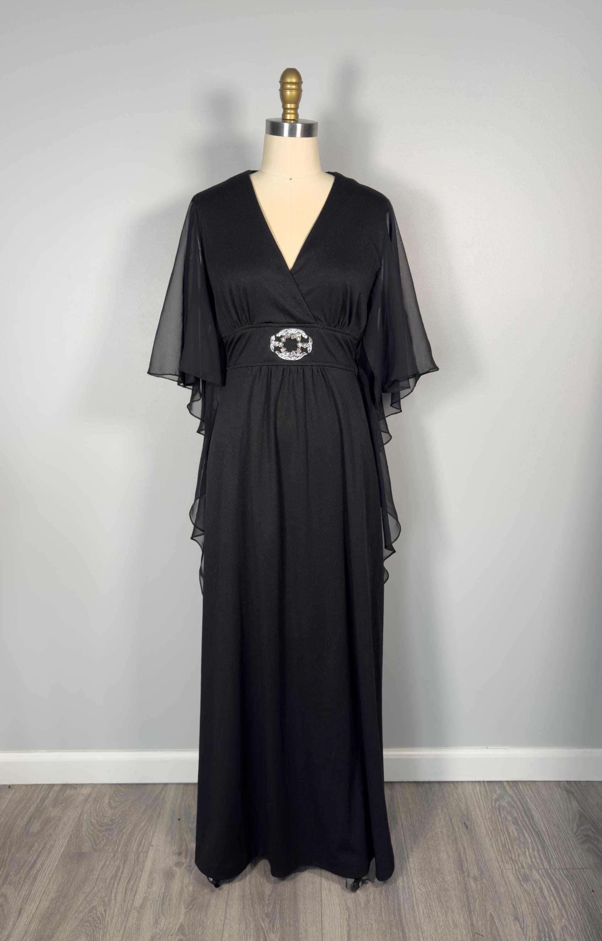 Vintage 70's Black Butterfly Sleeve Caftan Maxi Dress Rhinestone Buckle