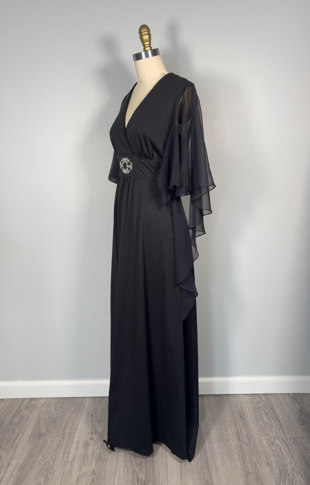 Vintage 70's Black Butterfly Sleeve Caftan Maxi Dress Rhinestone Buckle