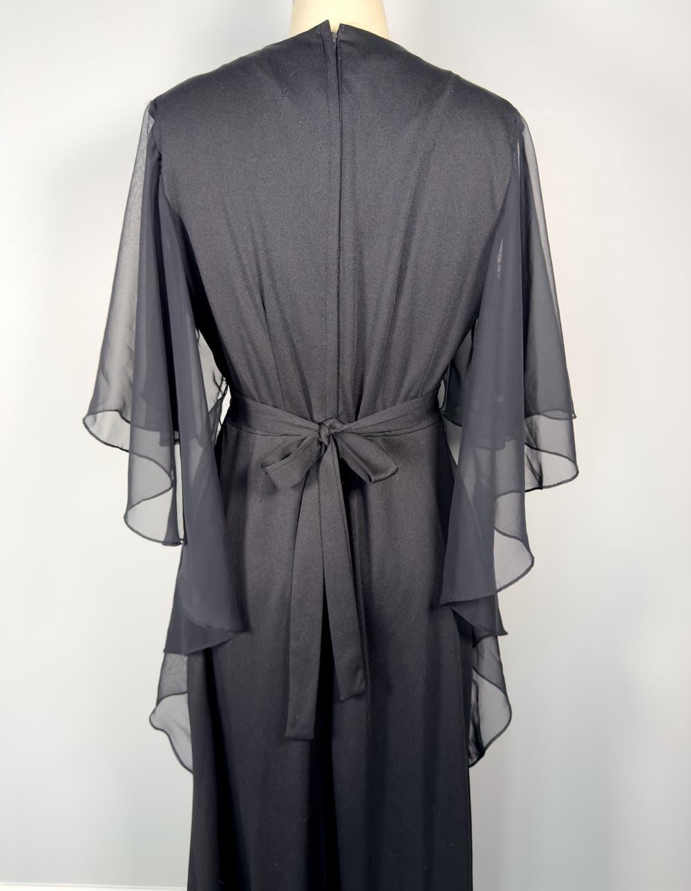 Vintage 70's Black Butterfly Sleeve Caftan Maxi Dress Rhinestone Buckle