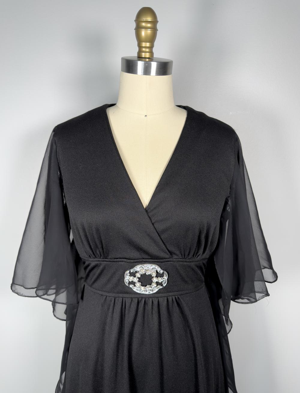 Vintage 70's Black Butterfly Sleeve Caftan Maxi Dress Rhinestone Buckle