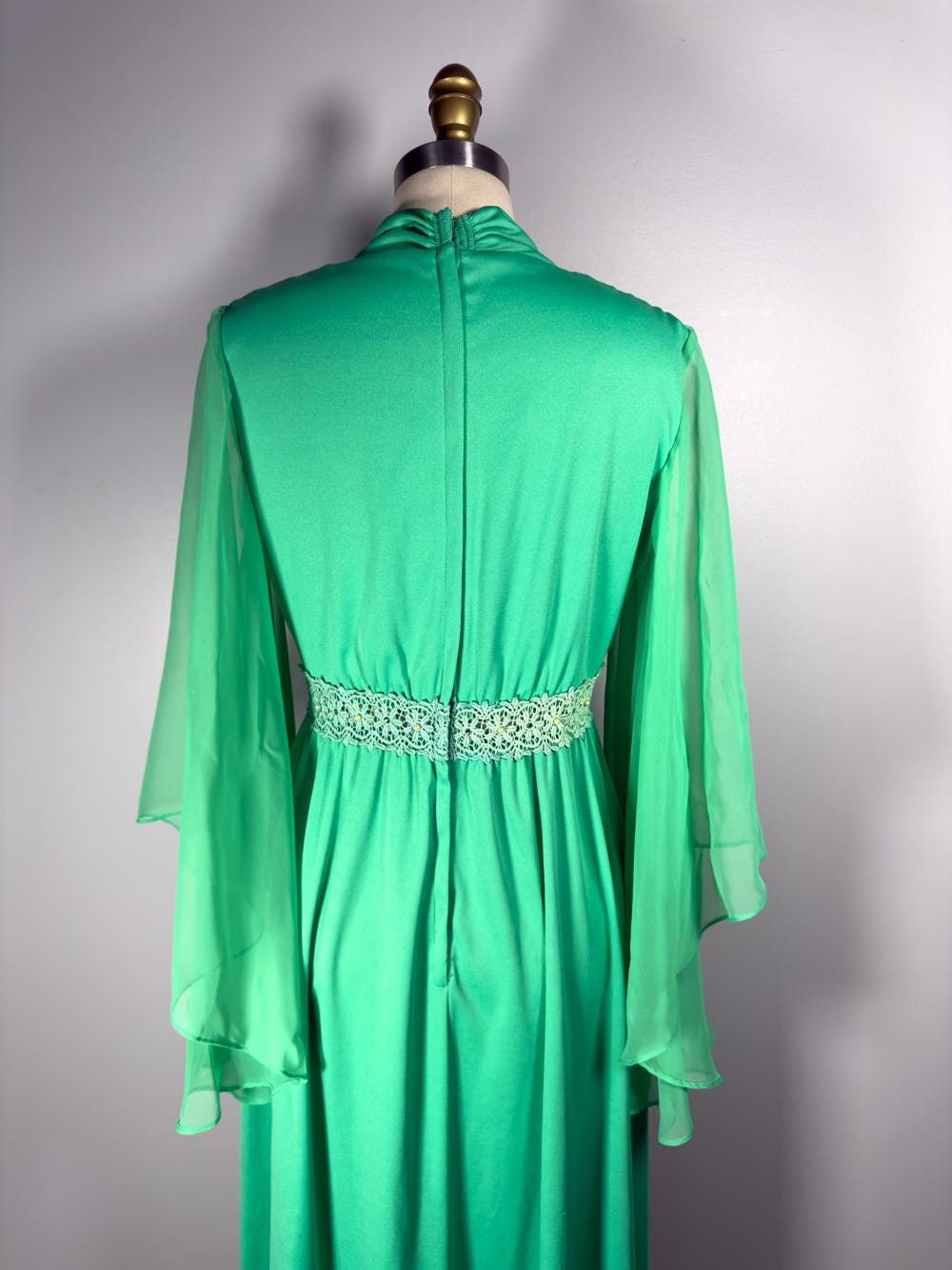 Vintage 70's Green Butterfly Sleeve Maxi Dress  Embroidered Daisy Trim
