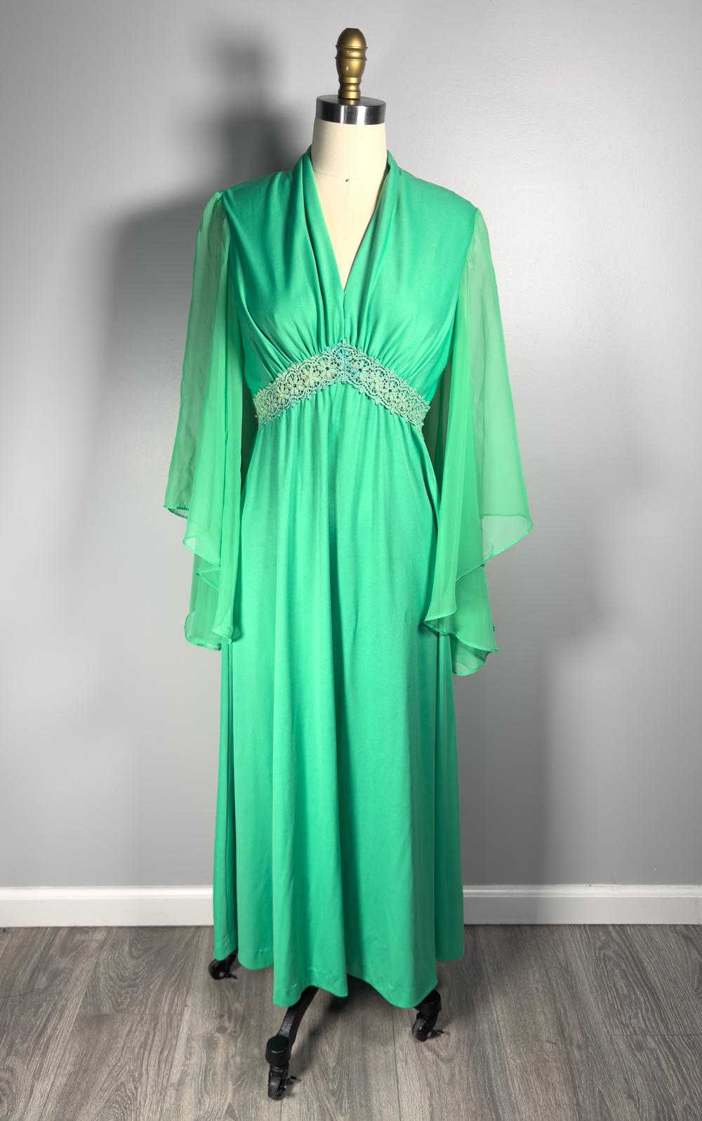 Vintage 70's Green Butterfly Sleeve Maxi Dress  Embroidered Daisy Trim
