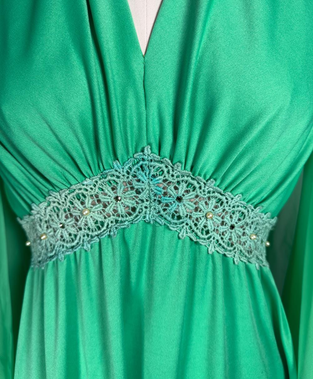 Vintage 70's Green Butterfly Sleeve Maxi Dress  Embroidered Daisy Trim