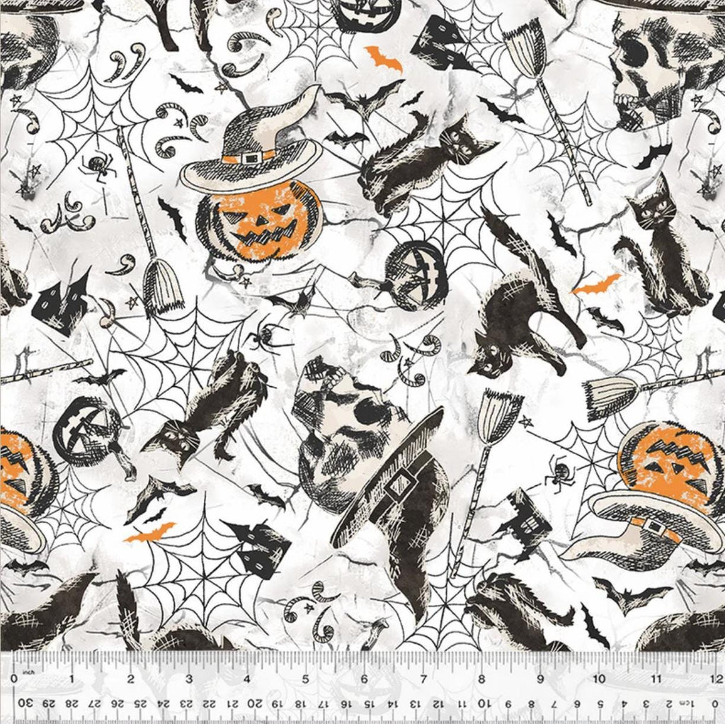 Halloween Night Pumpkin Cat Bat Spiderweb Print White Cotton Fabric Windham Fabrics