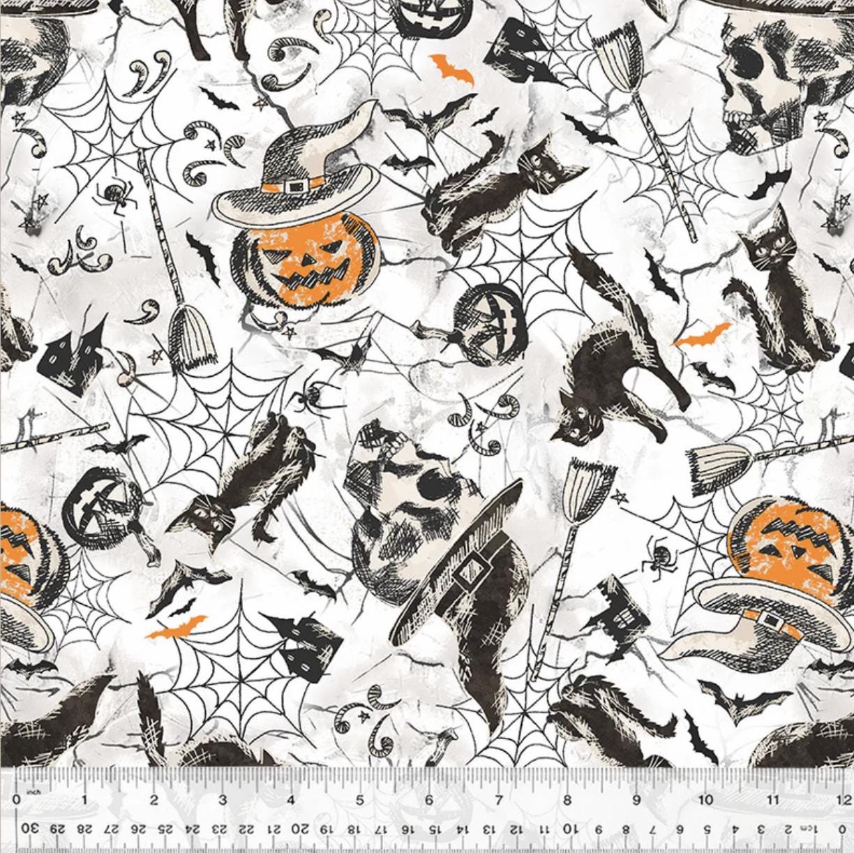 Halloween Night Pumpkin Cat Bat Spiderweb Print White Cotton Fabric Windham Fabrics