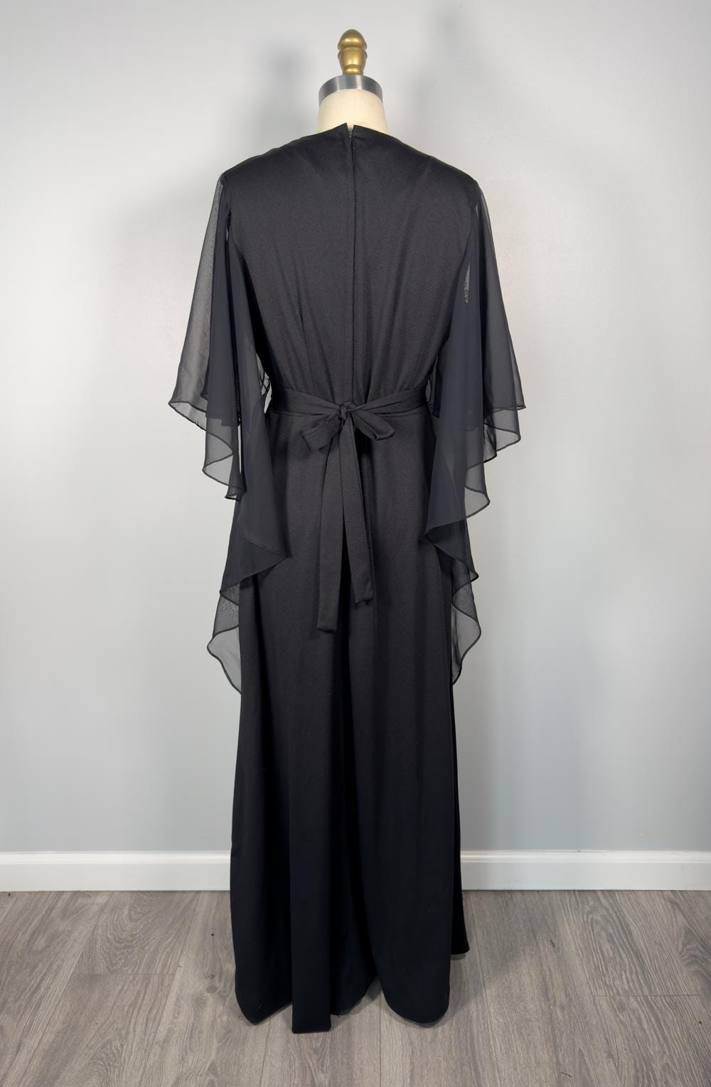 Vintage 70's Black Butterfly Sleeve Caftan Maxi Dress Rhinestone Buckle